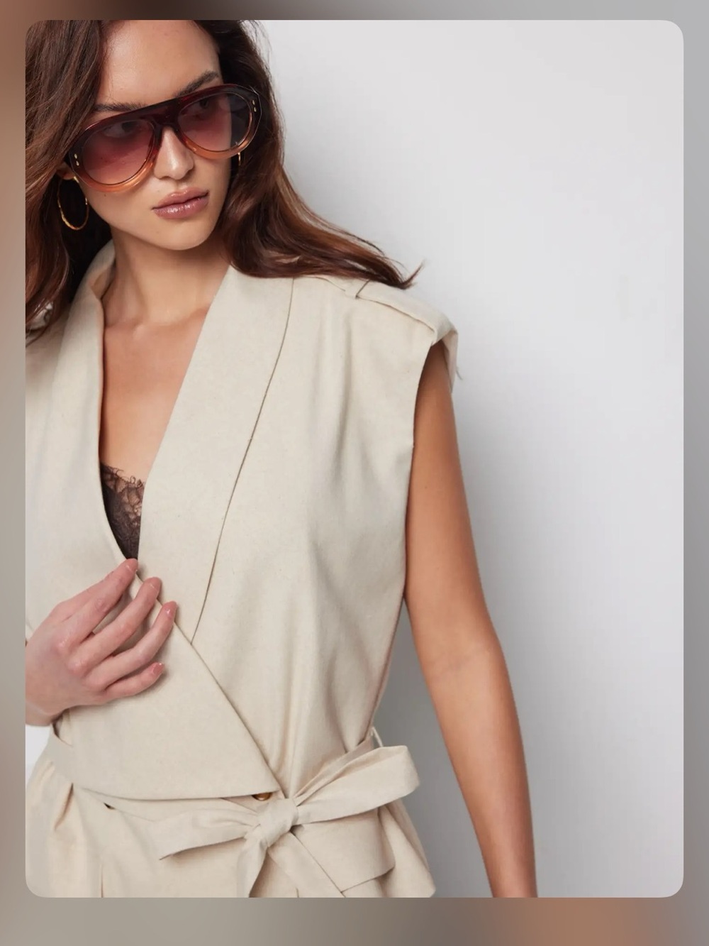 Cider LINEN-BLEND V-NECK WRAP BELTED OVERSIZED BLAZER VEST L WC9-6 - Picture 6 of 8